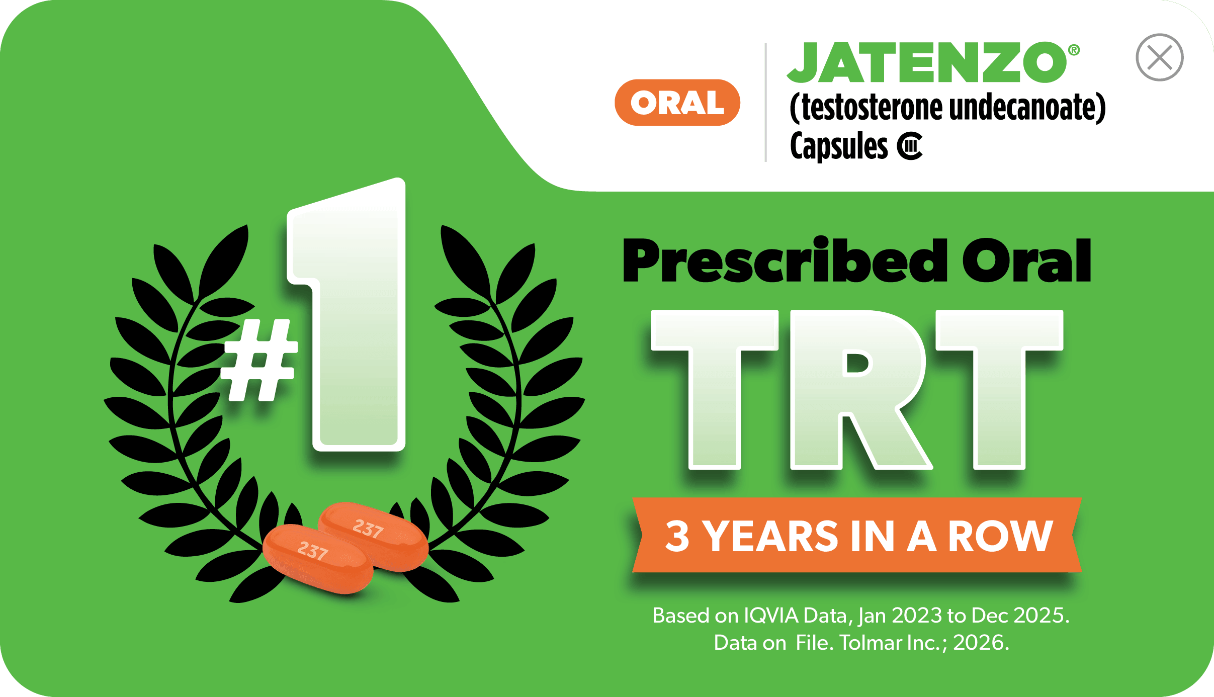 The number one prescribed oral TRT based on IQVIA data from January 2024 to February 2025. Data on File. Tolmar Incorporated 2025